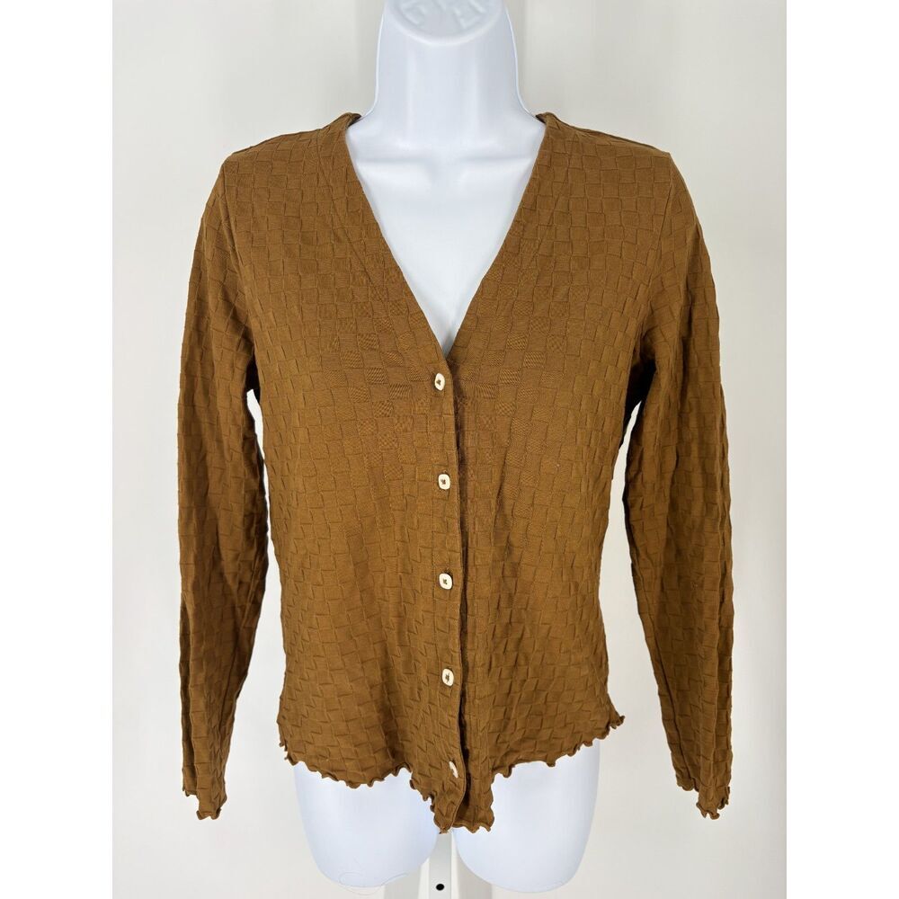 Madewell Brown Textured Button Front Cardigan | V-Neck Lightweight Knit Sweater